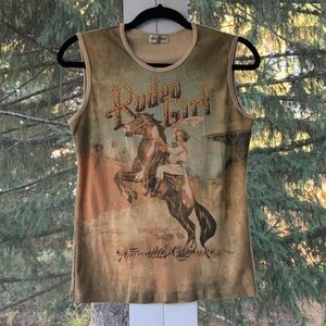 Skinny Minnie cowgirl sleeveless T-shirt, “Rodeo Girl” in rhinestones.